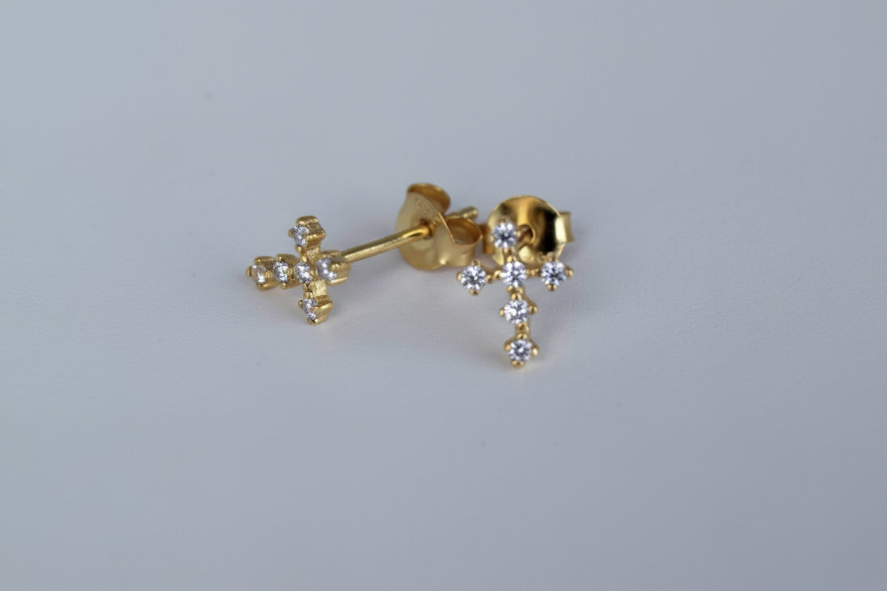 Gold Plated Small CZ Cross Stud Earrings