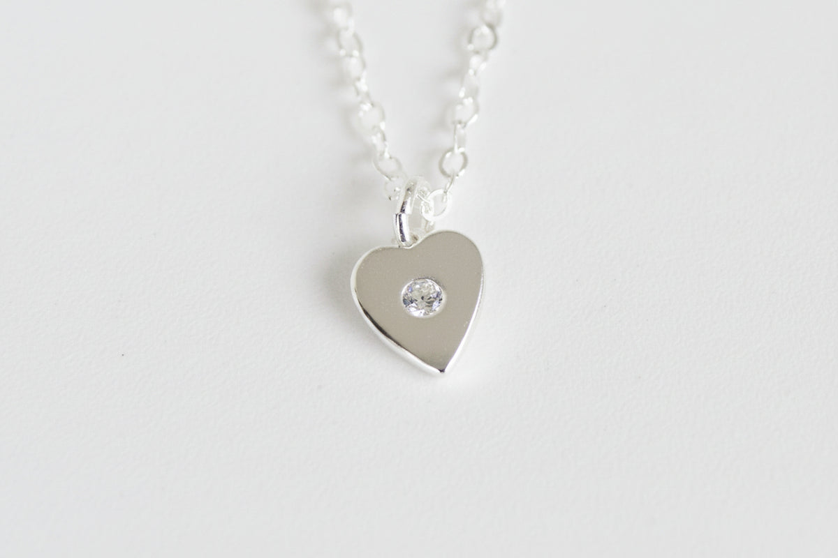 Sterling Silver Solid Heart With CZ Necklace