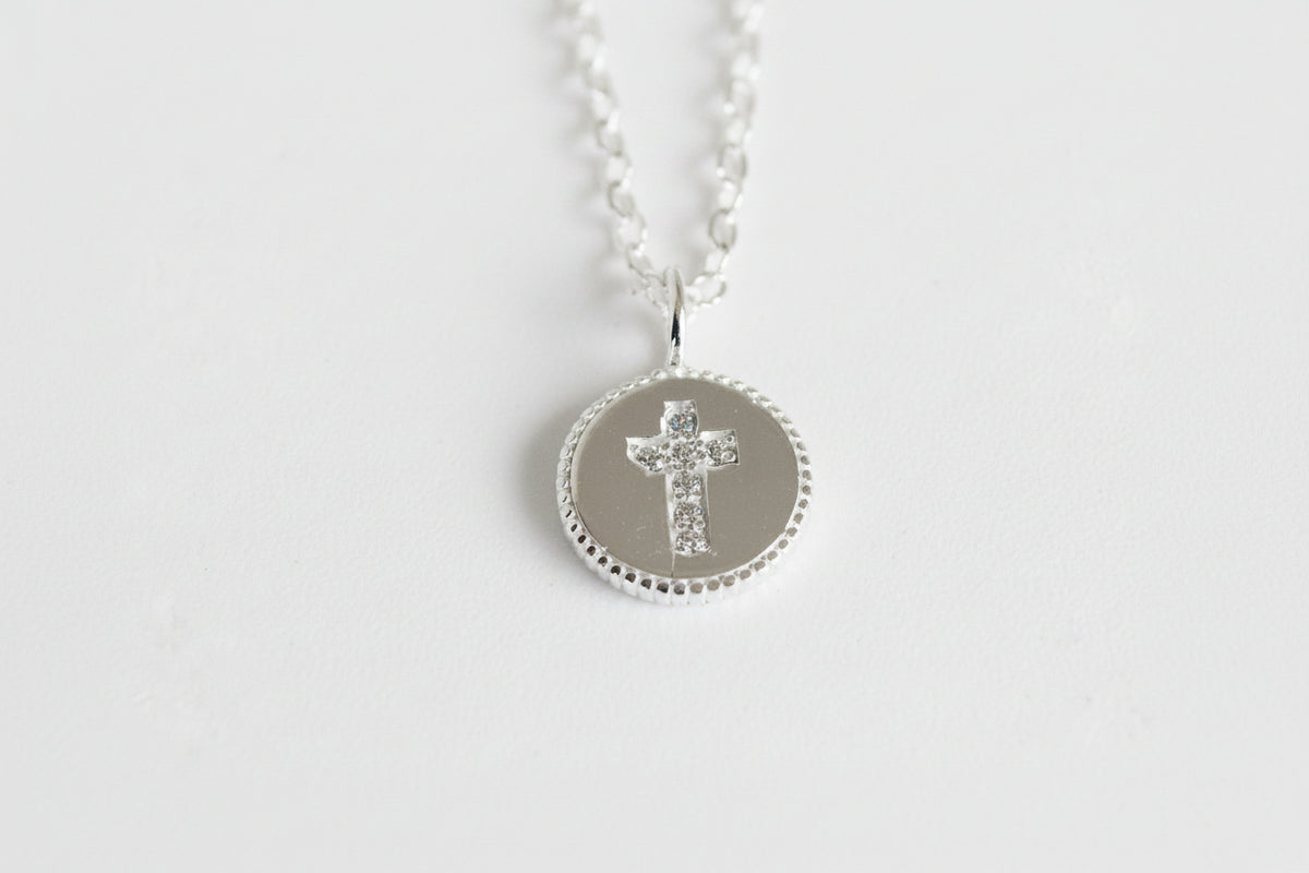 Sterling Silver CZ Cross In Disc Necklace