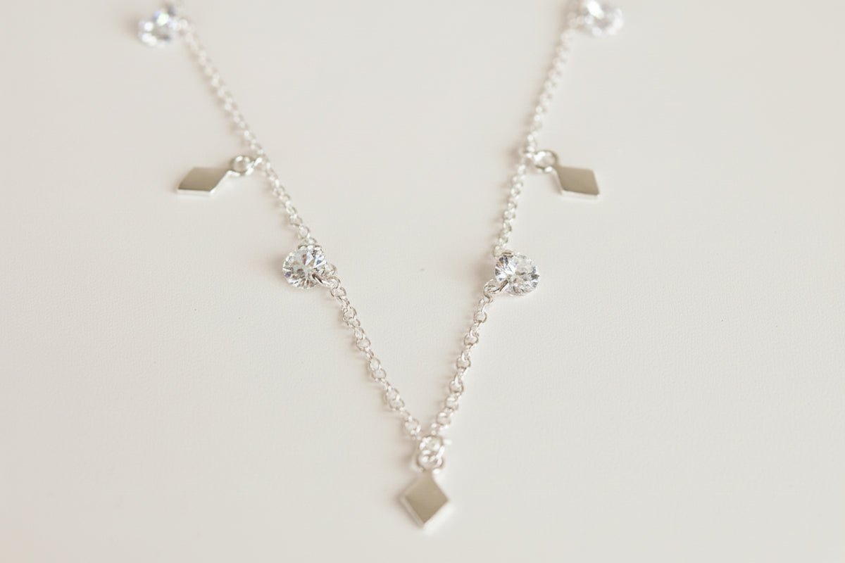 Sterling Silver Multi Small Diamond Shape Pendant and CZ Necklace