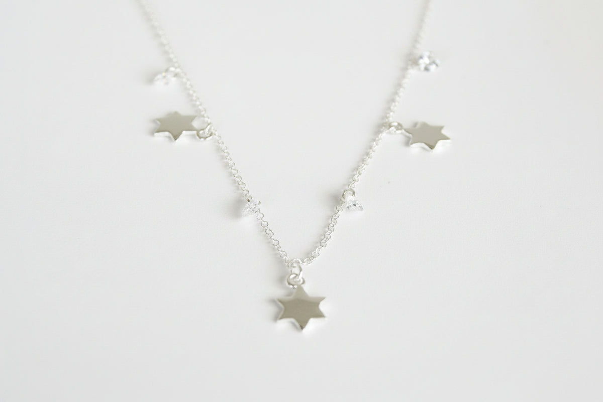 Sterling Silver Multi Large Stars And CZ Necklace