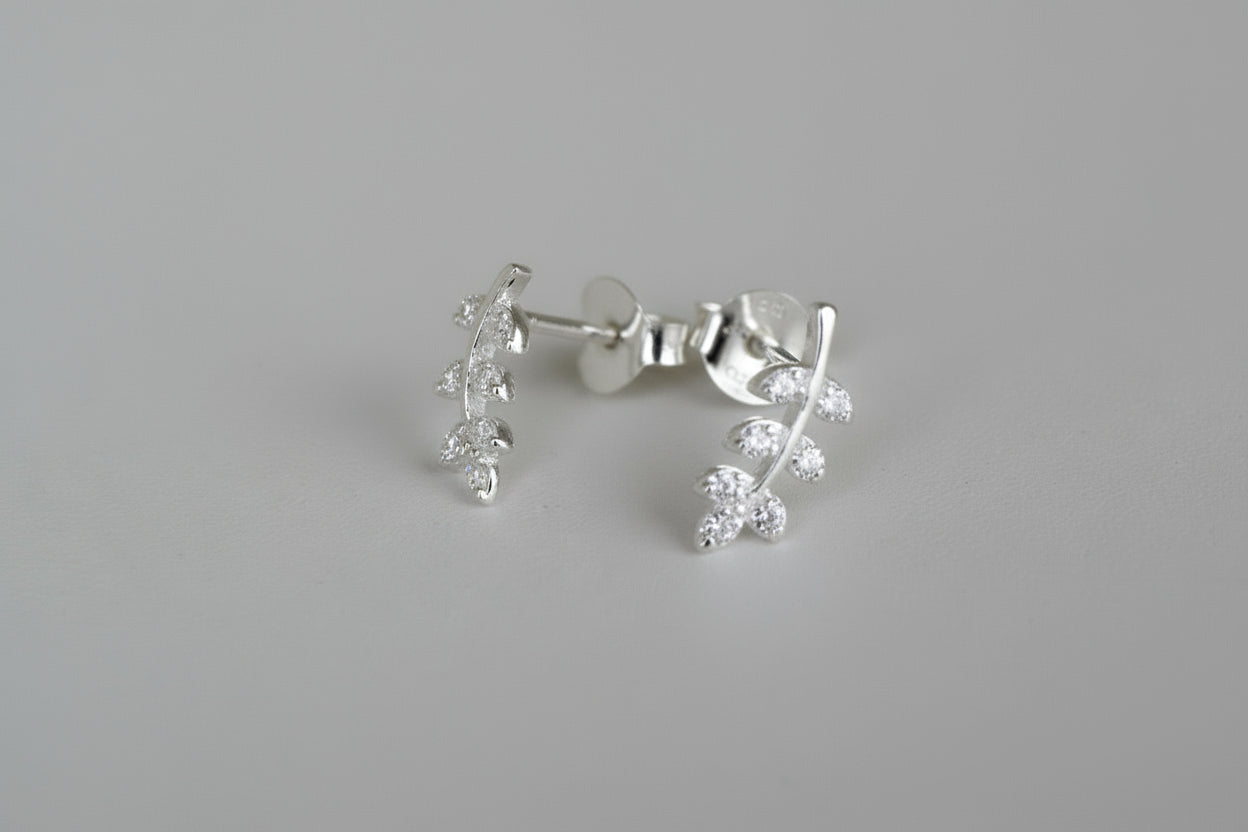 Sterling Silver Leaf With CZ Stud Earrings