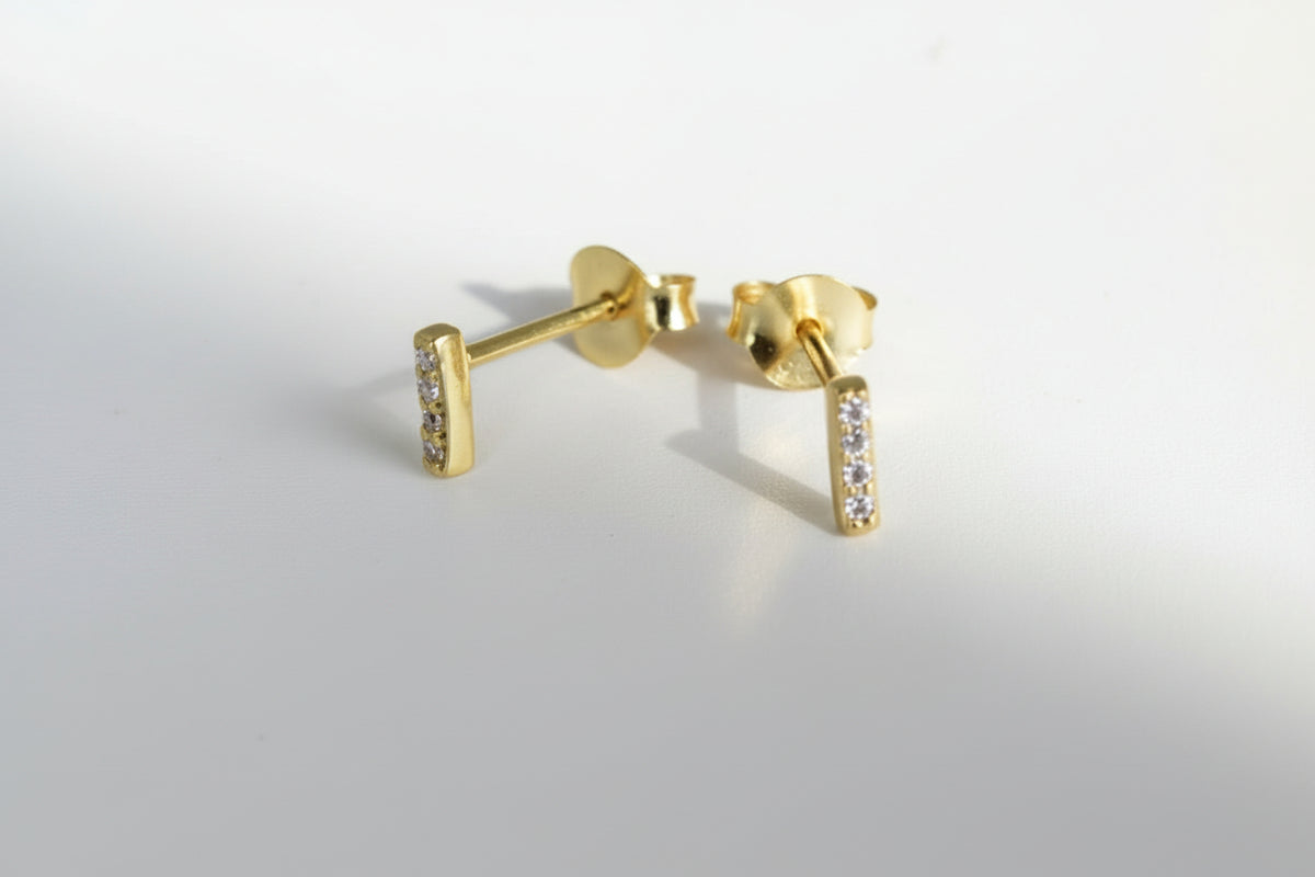 Small Gold Plated Bars With CZ Stud Earrings