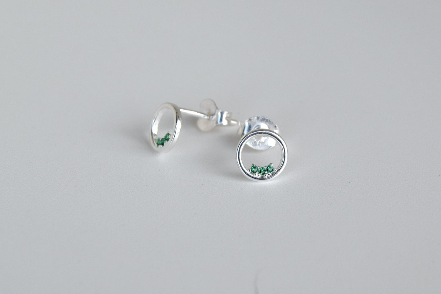 Sterling Silver Circle With Green CZ Stud Earrings