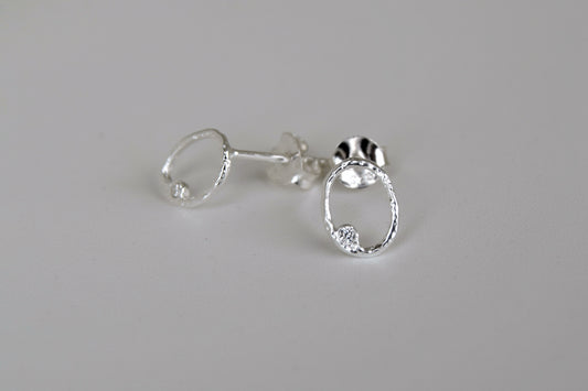 Sterling Silver Oval With CZ Stud Earrings