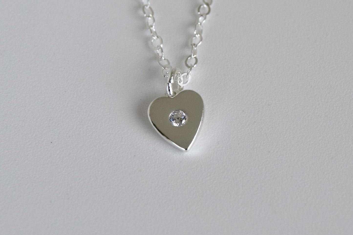 Sterling Silver Solid Heart With CZ Necklace
