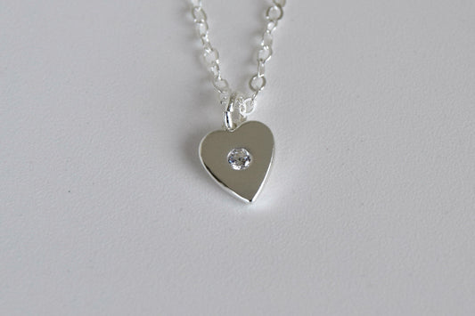 Sterling Silver Solid Heart With CZ Necklace