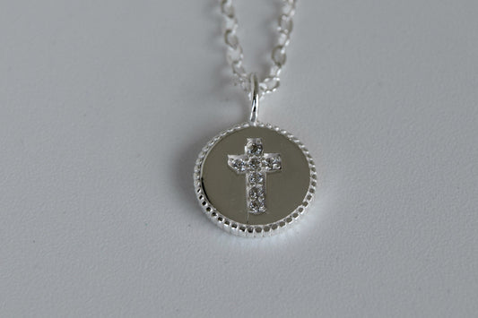 Sterling Silver CZ Cross In Disc Necklace
