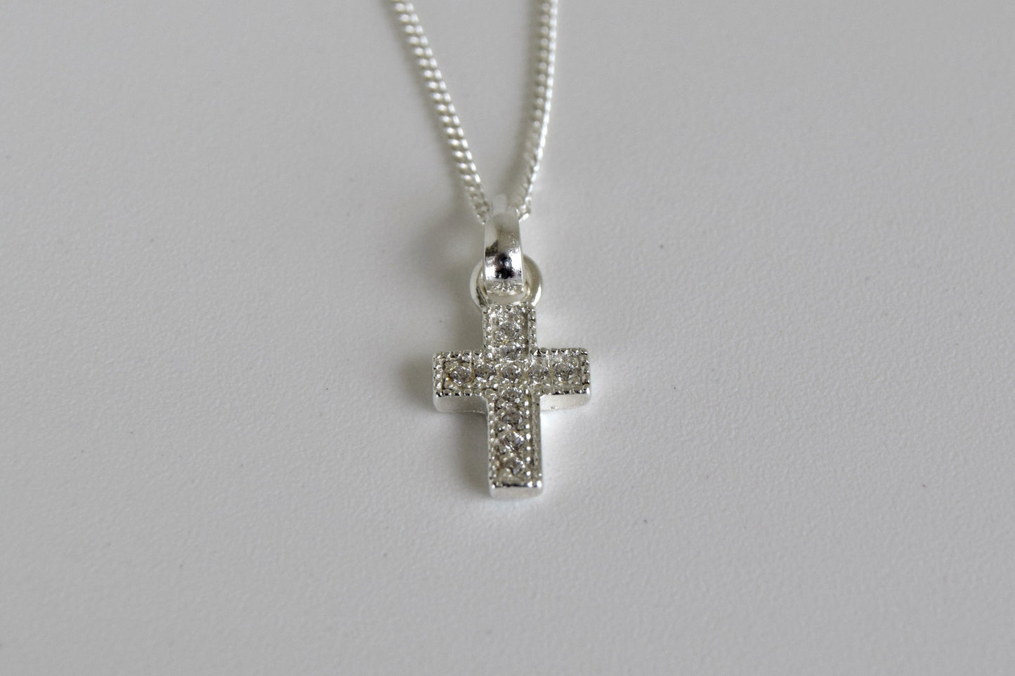 Short Sterling Silver CZ Crystal Cross Necklace