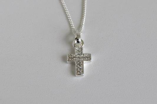 Short Sterling Silver CZ Crystal Cross Necklace