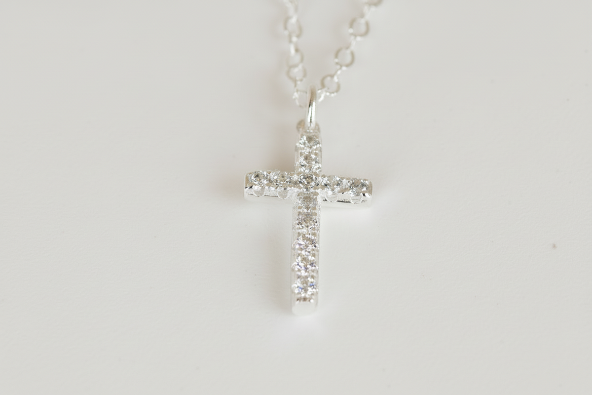 Sterling-Silver Long CZ Crystal Cross Necklace