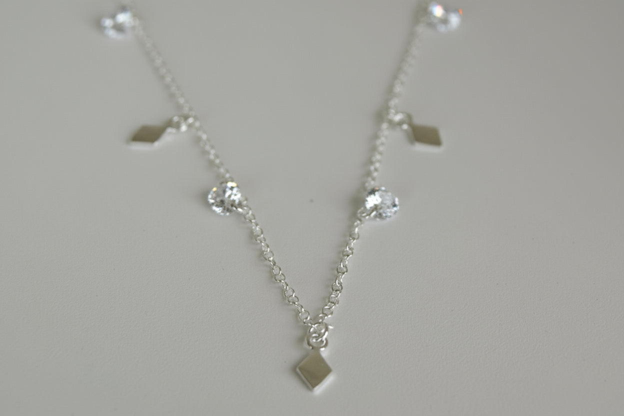 Sterling Silver Multi Small Diamond Shape Pendant and CZ  Necklace