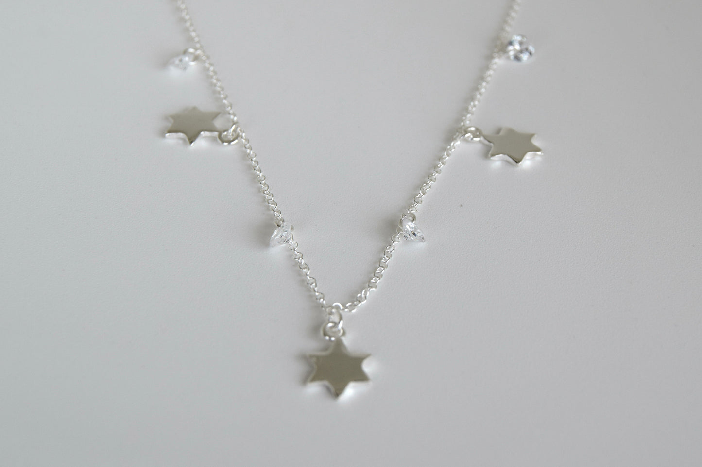 Sterling Silver Multi Large Stars And CZ Necklace