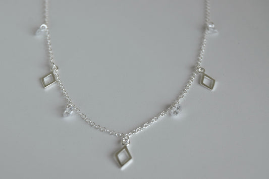 Sterling Silver Multi Open Diamond Shape Pendant And CZ Necklace