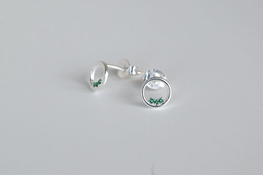Sterling Silver Circle With Green CZ Stud Earrings