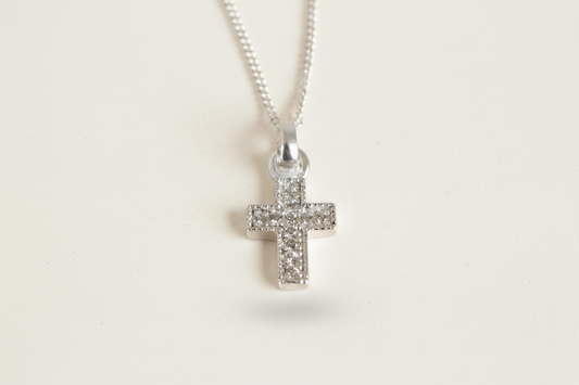 Short Sterling Silver CZ Crystal Cross Necklace