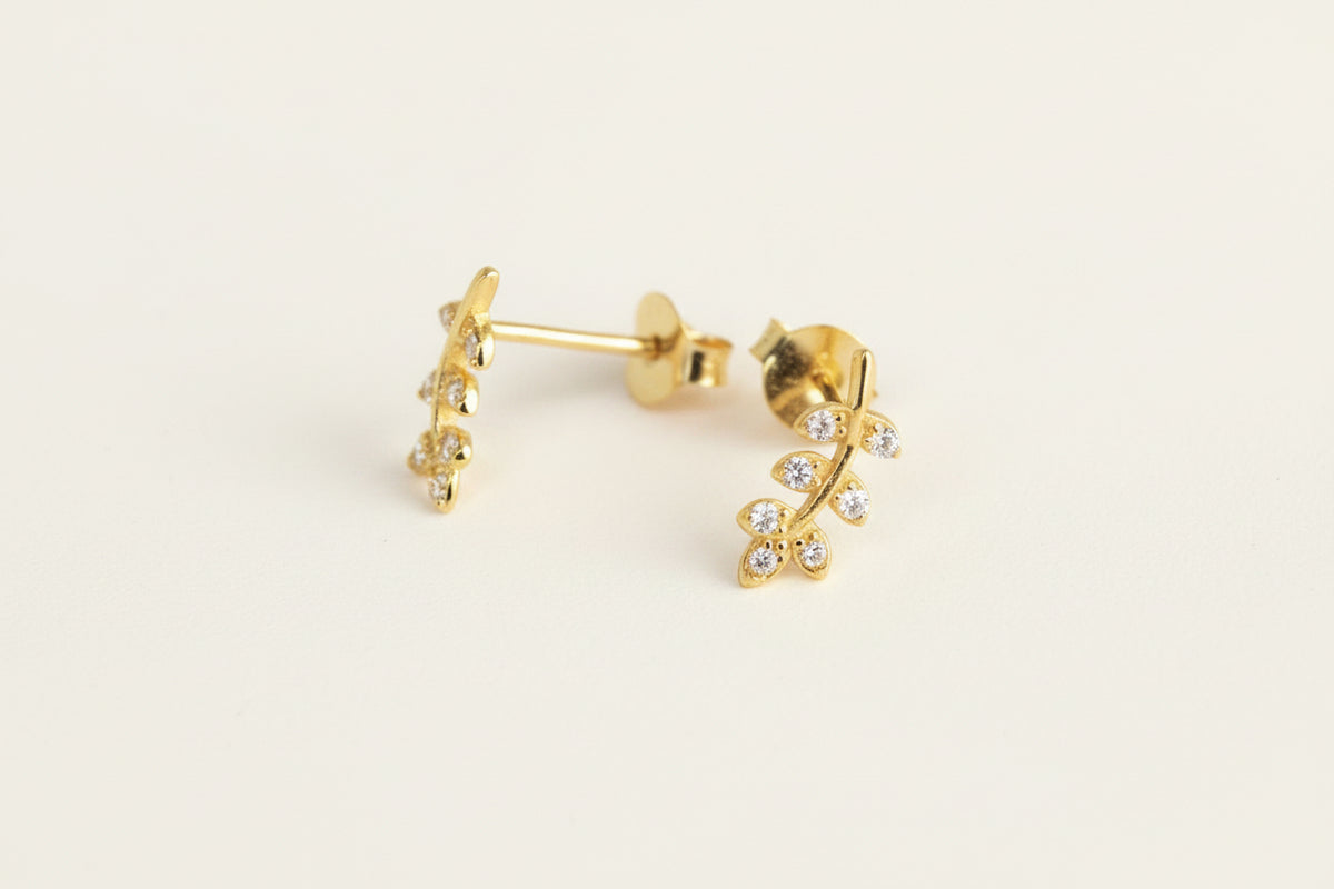 Gold Plated CZ Leaf Stud Earrings