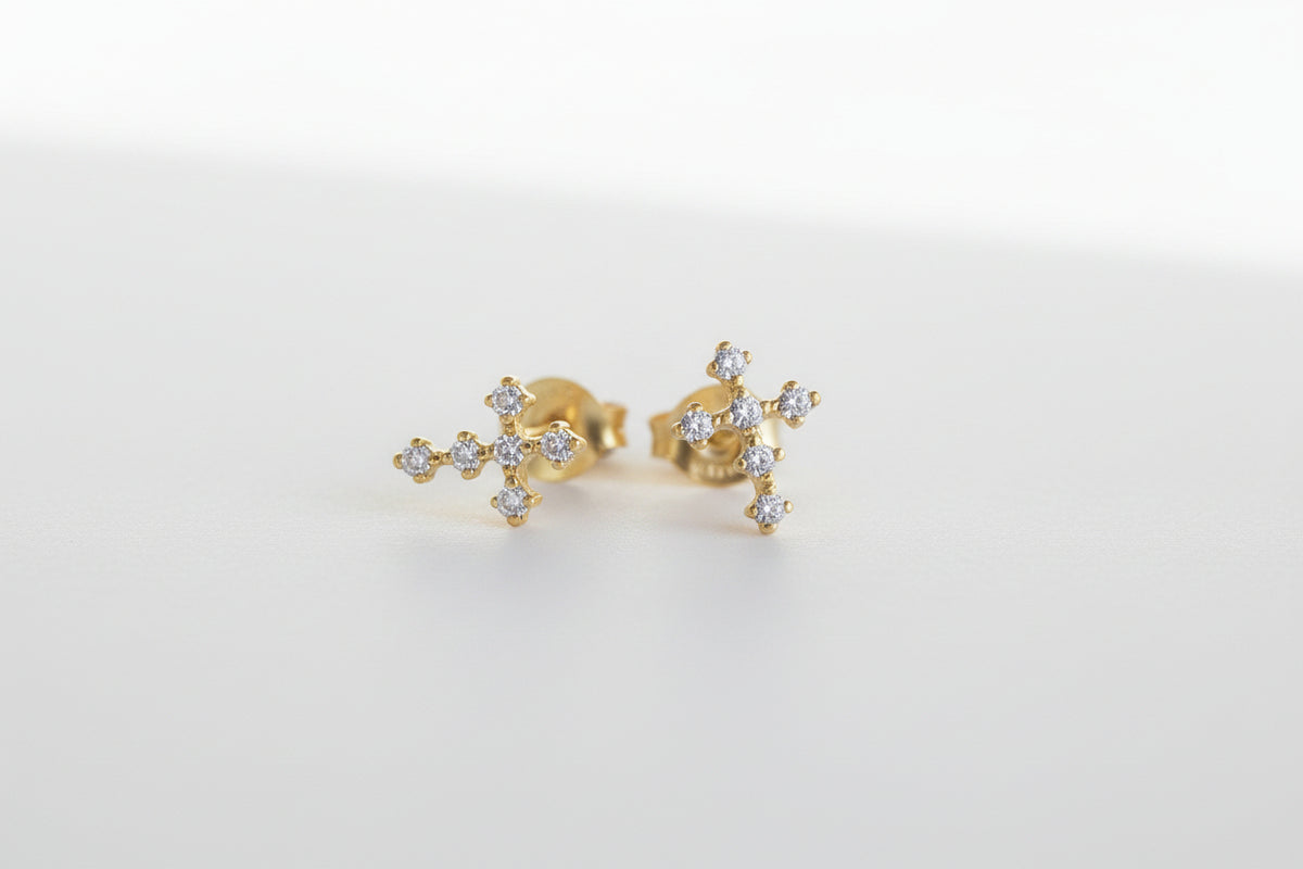 Gold Plated Small CZ Cross Stud Earrings