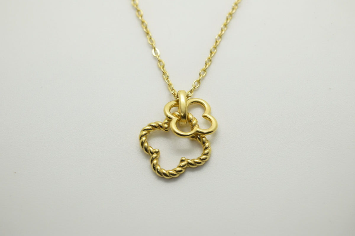 Gold Plated Brass Textured Clover & Small Open Clover Necklace
