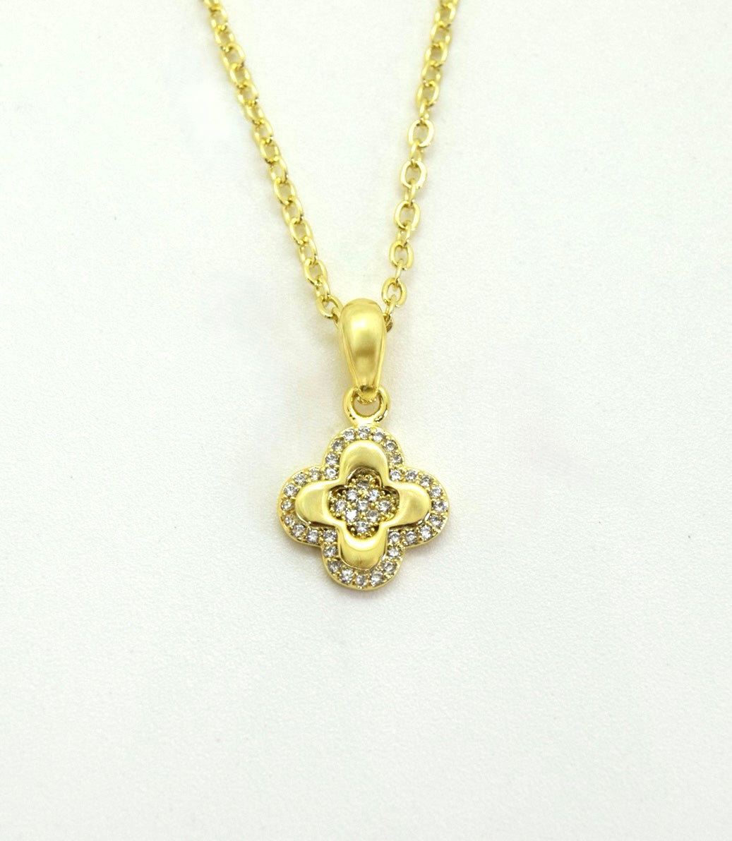 Gold Plated Brass CZ Clover Necklace