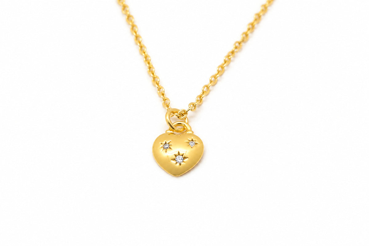 Gold Plated Brass CZ Heart Necklace With 3 Stars