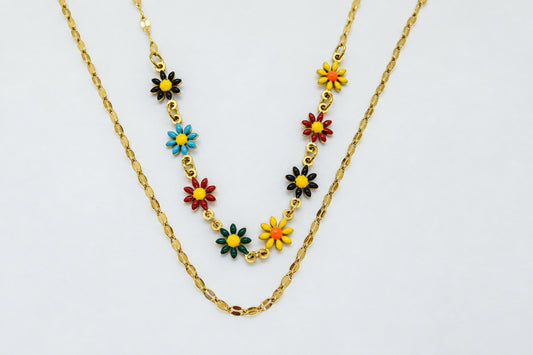 Gold Plated Stainless Steel Colourful Flower Layered Necklace