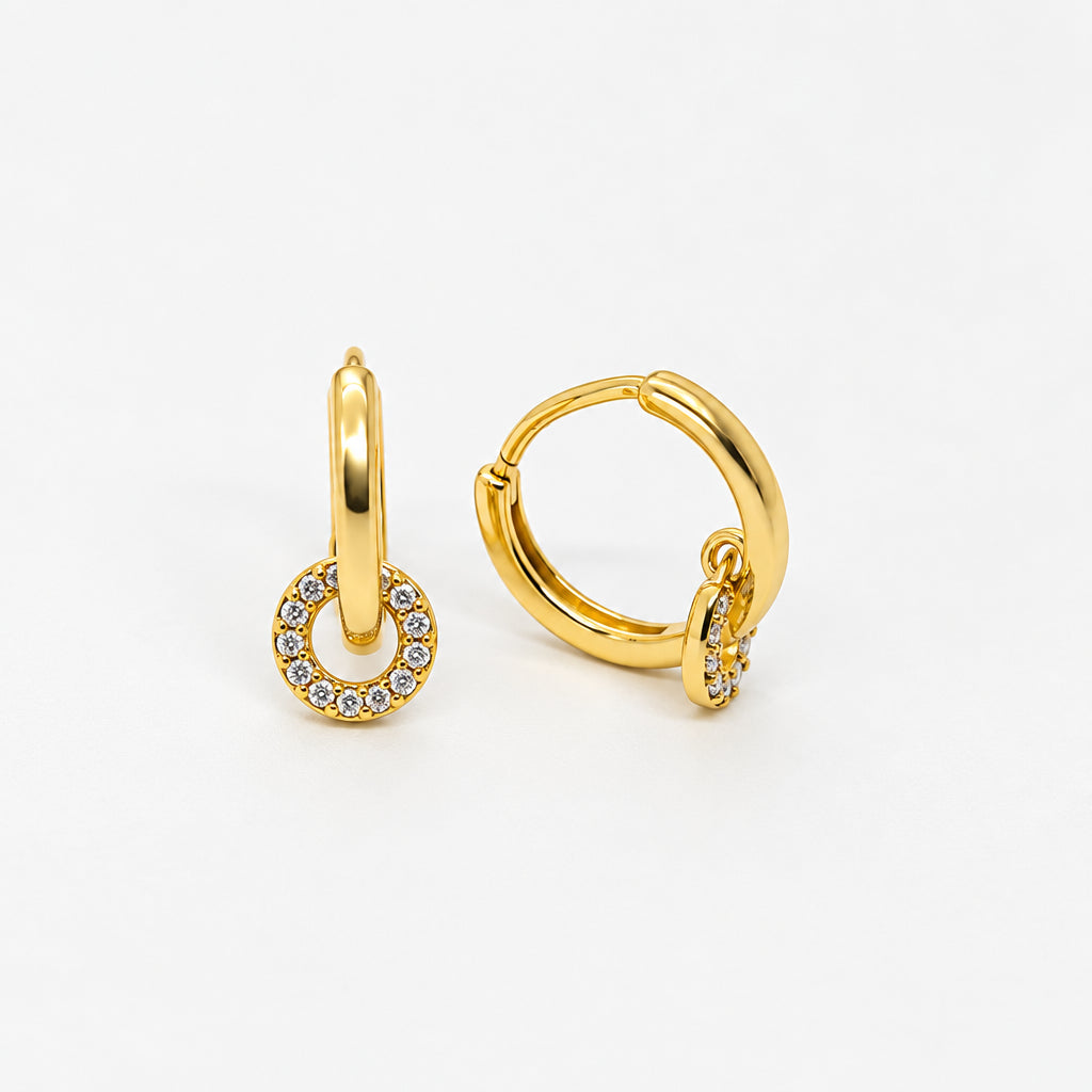 Gold Plated Brass Huggie With Bling Small Dangling Circle