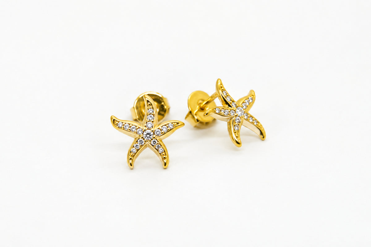 Gold Plated Brass With CZ Starfish Stud Earrings