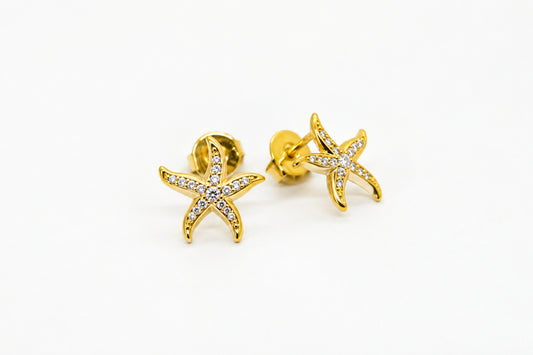 Gold Plated Brass With CZ Starfish Stud Earrings