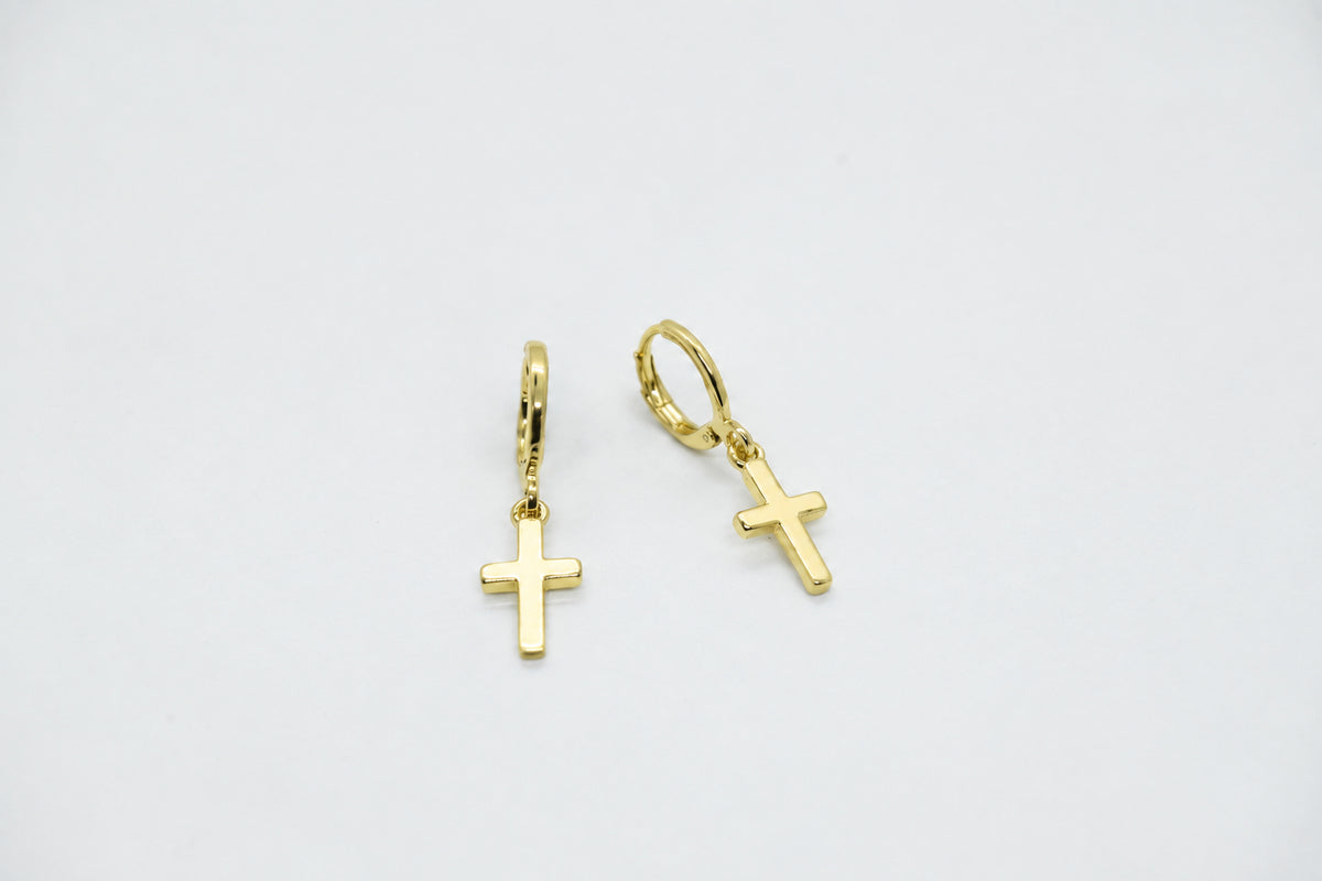 Gold Plated Brass Huggie Earrings with Dangling Cross