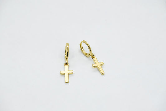 Gold Plated Brass Huggie Earrings with Dangling Cross