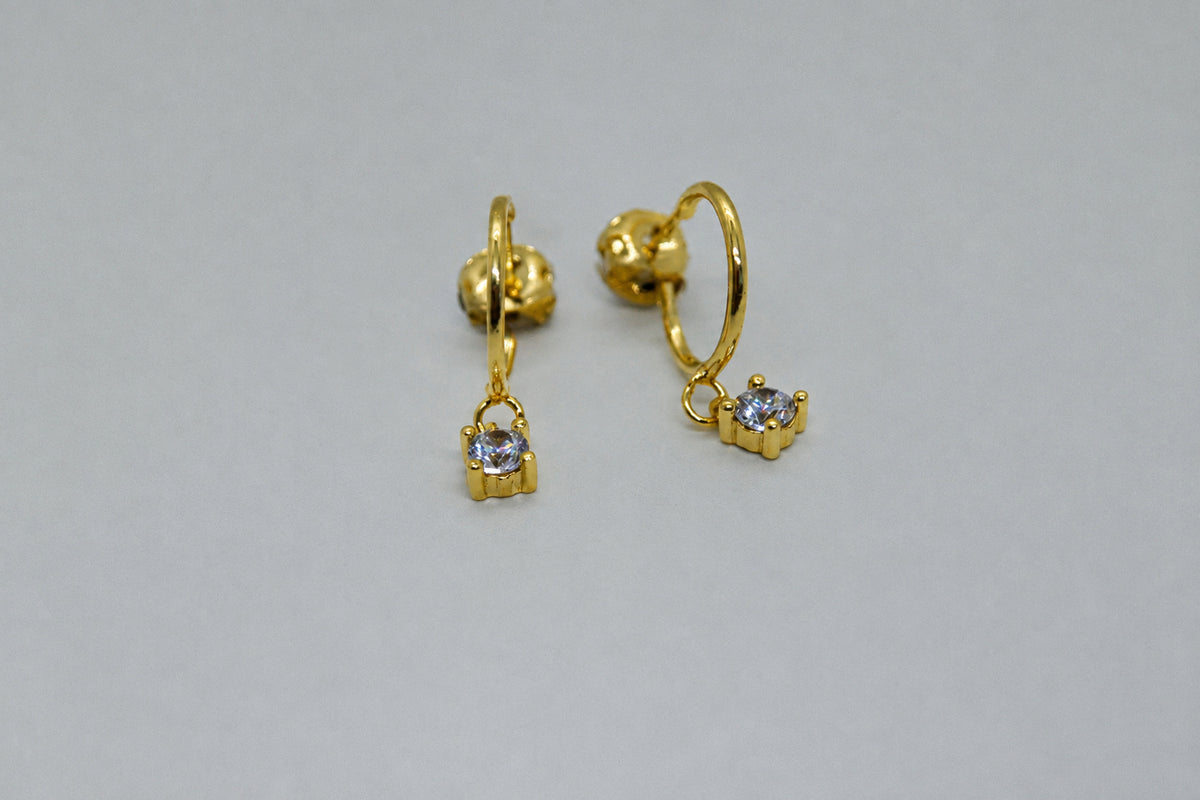 Gold Plated Brass Square CZ Drop Stud Earrings